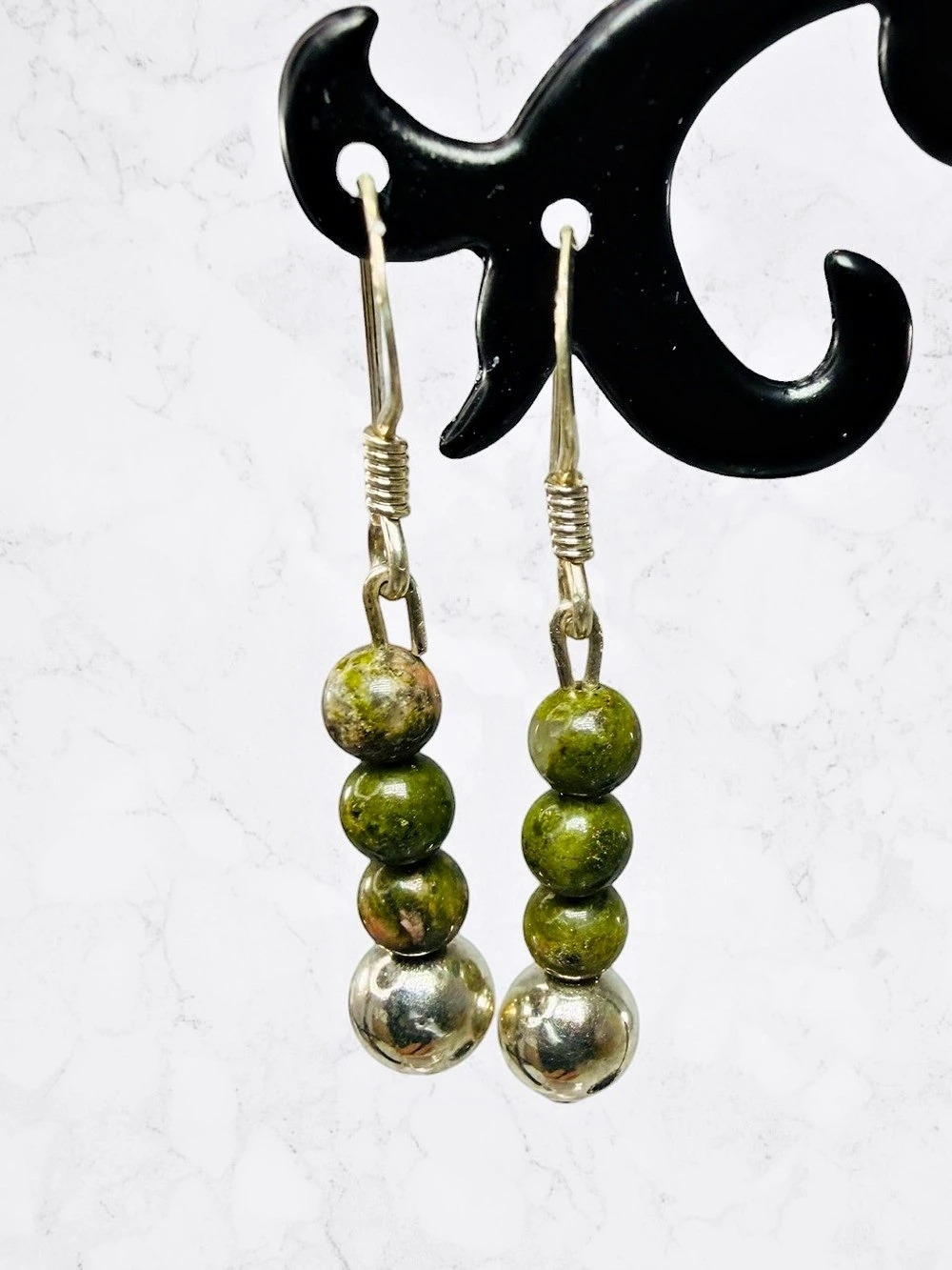 Unakite Sterling Silver 925 Natural Ball Gemstone Hook Earrings Forest Green